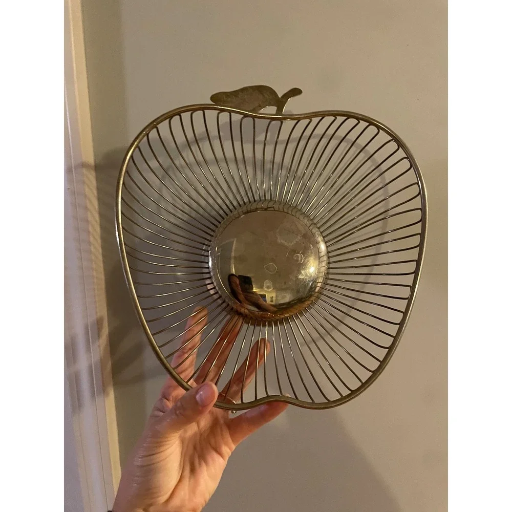 Vintage Silver Tone Wire Apple Shaped Fruit Basket Mid Century Modern Decor